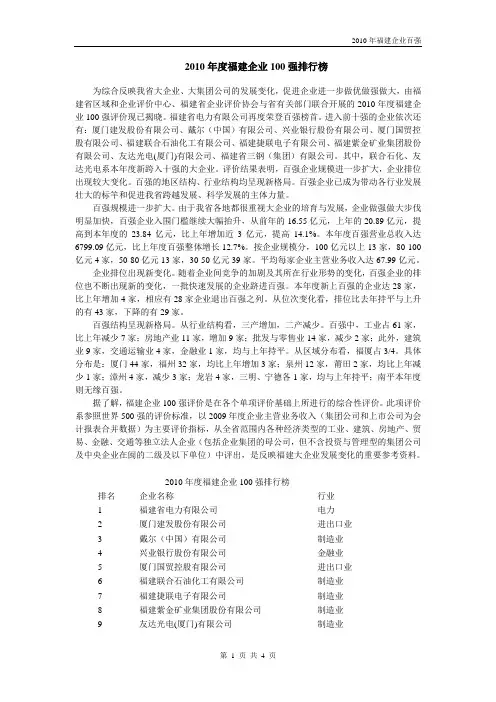 2010年度福建企业100强排行榜(福建省政府发展研究中心权威发布)
