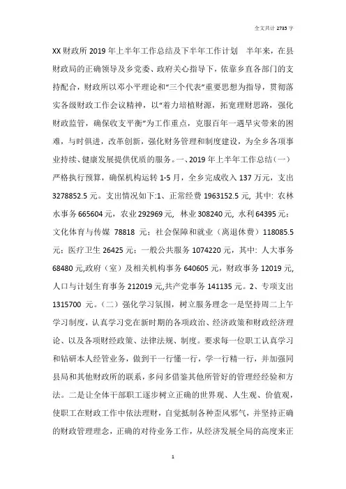 2019年上半年财政所工作总结及下半年工作计划