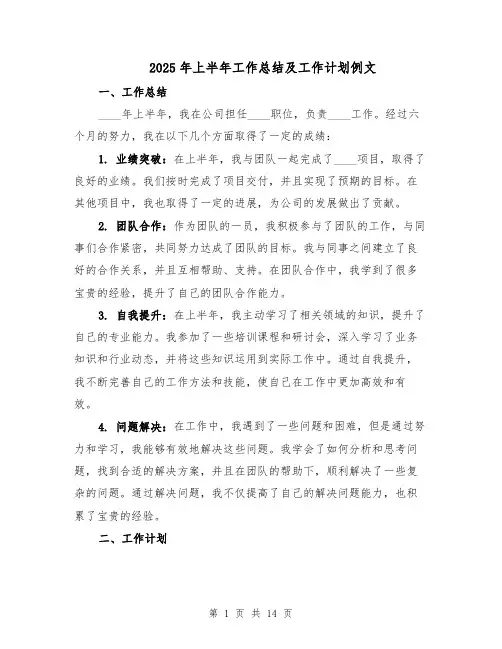 2025年上半年工作总结及工作计划例文(六篇)