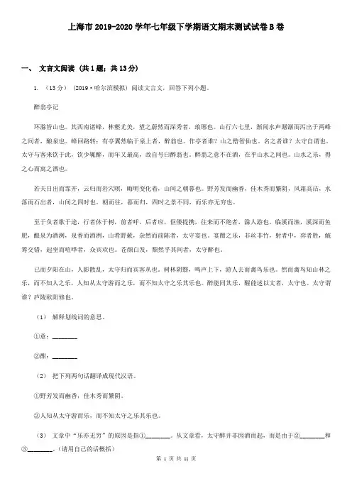 上海市2019-2020学年七年级下学期语文期末测试试卷B卷