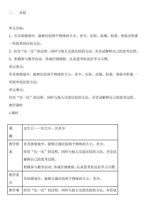 北师大一年级数学上册第二单元比较教案