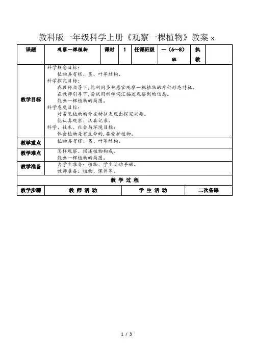 教科版一年级科学上册《观察一棵植物》教案 3