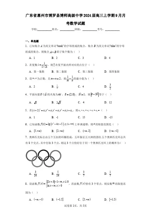 广东省惠州市博罗县博师高级中学2024届高三上学期9月月考数学试题