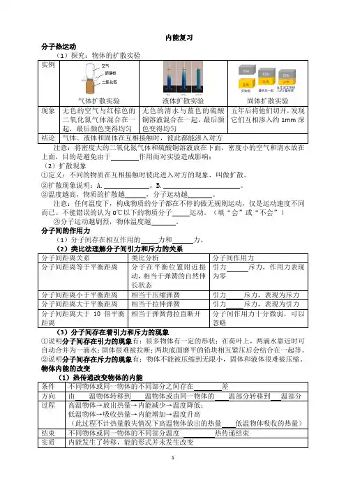 九年级物理第13章内能及第十四章内能的利用知识点复习