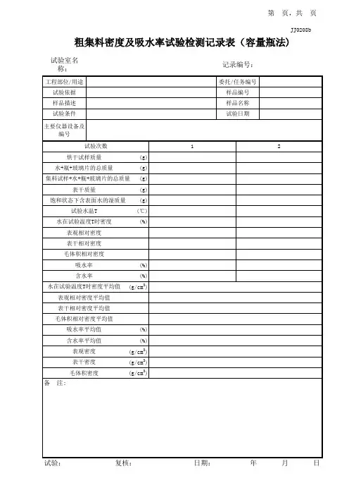 粗集料密度及吸水率试验记录表(容量瓶法)