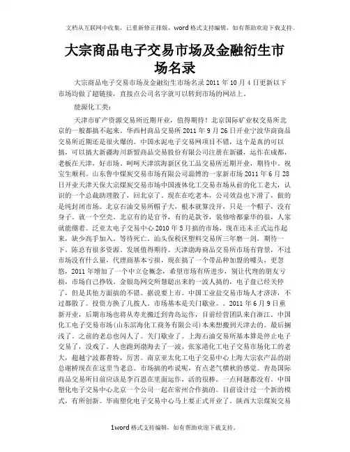 大宗商品电子交易市场及金融衍生市场名录