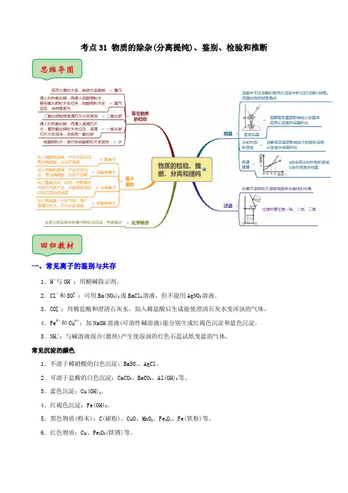 考点31物质的除杂(分离提纯)鉴别检验和推断(原题卷)