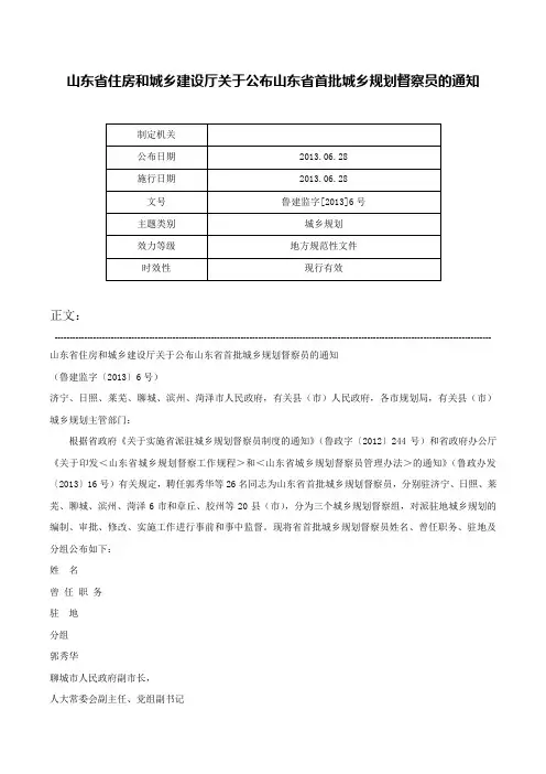 山东省住房和城乡建设厅关于公布山东省首批城乡规划督察员的通知-鲁建监字[2013]6号