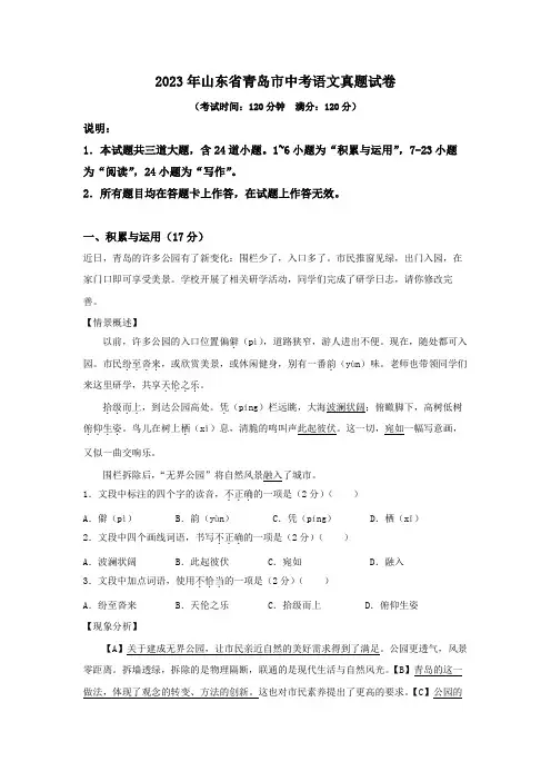 2023年山东省青岛市中考语文真题试卷
