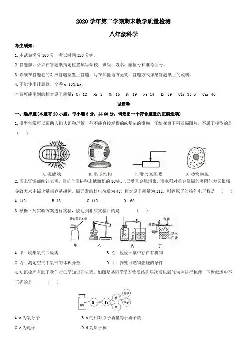 浙江省杭州市滨江区2020—2021学年浙教版八年级科学下册期末教学质量检测卷