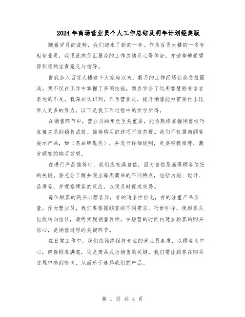 2024年商场营业员个人工作总结及明年计划经典版（二篇）