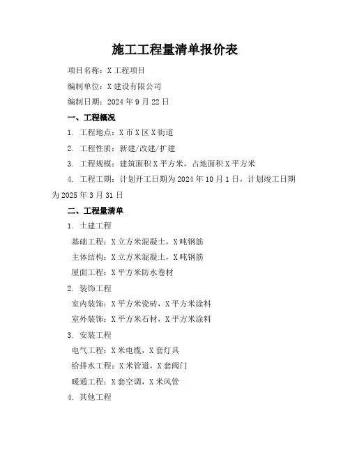 施工工程量清单报价表