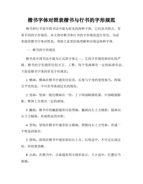 楷书字体对照表楷书与行书的字形规范