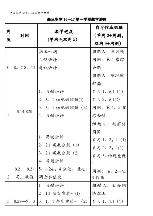 河北省衡水中学2017届高三一轮复习生物研讨会资料：16-17上学期教学进度 
