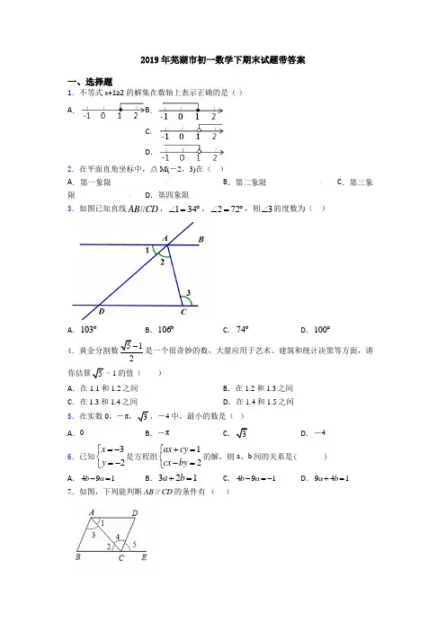 2019年芜湖市初一数学下期末试题带答案