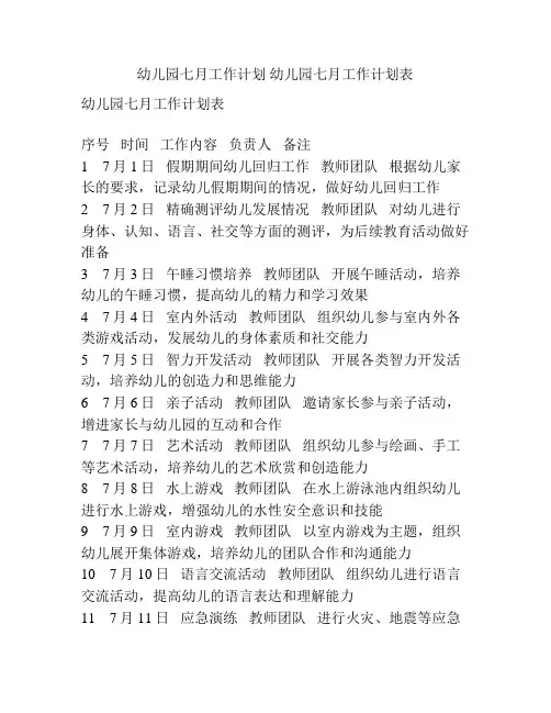 幼儿园七月工作计划 幼儿园七月工作计划表