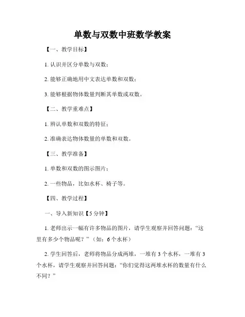 单数与双数中班数学教案