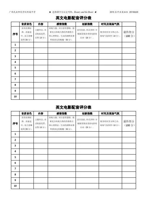 英语原声电影配音评分表