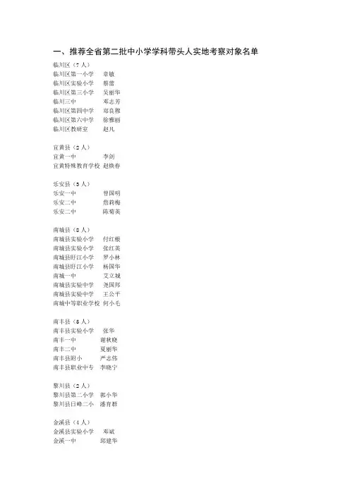 推荐全省第二批中小学学科带头人及骨干教师实地考察对象名单