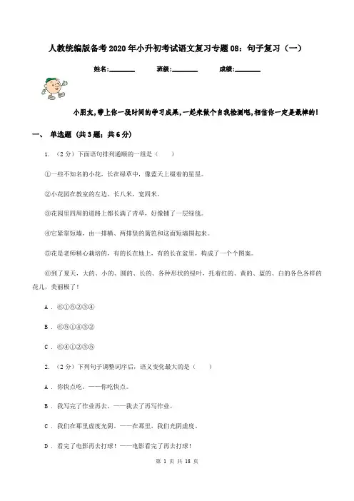 人教统编版备考2020年小升初考试语文复习专题08：句子复习(一)