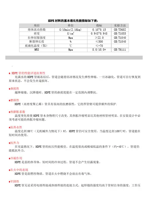 HDPE材料的基本理化性能指标如下表