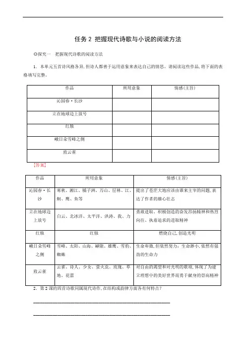 部编版高中语文必修上册同步学案 第1单元 青春激扬文学阅读与写作任务2 把握现代诗歌与小说的阅读方法