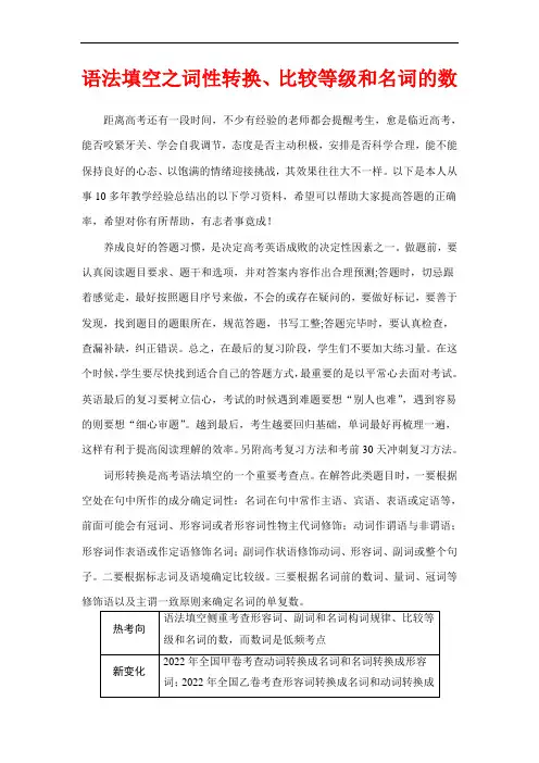 高考英语复习专项突破：语法填空之词性转换、比较等级和名词的数(全国通用)