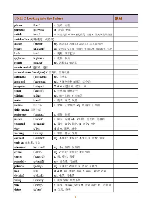 2019人教版高中英语选修一UNIT 2 Looking into the Future 单词表