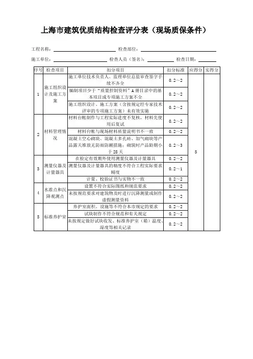 上海市优质结构检查打分表