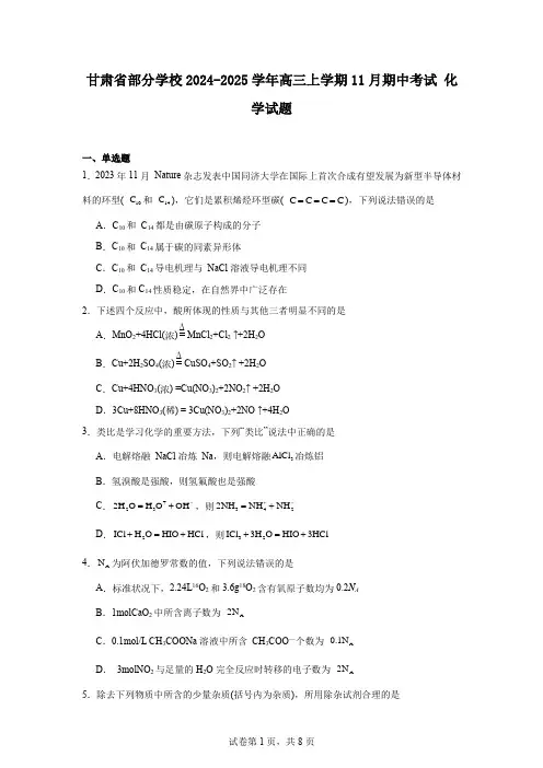 甘肃省部分学校2024-2025学年高三上学期11月期中考试化学试题