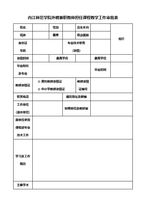 内江师范学院 外聘兼职教师担任课程教学工作审批表