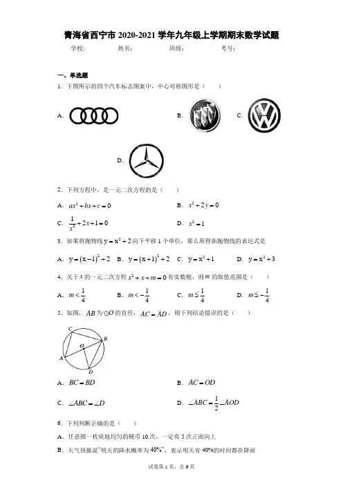 青海省西宁市2020-2021学年九年级上学期期末数学试题(word版 含答案)
