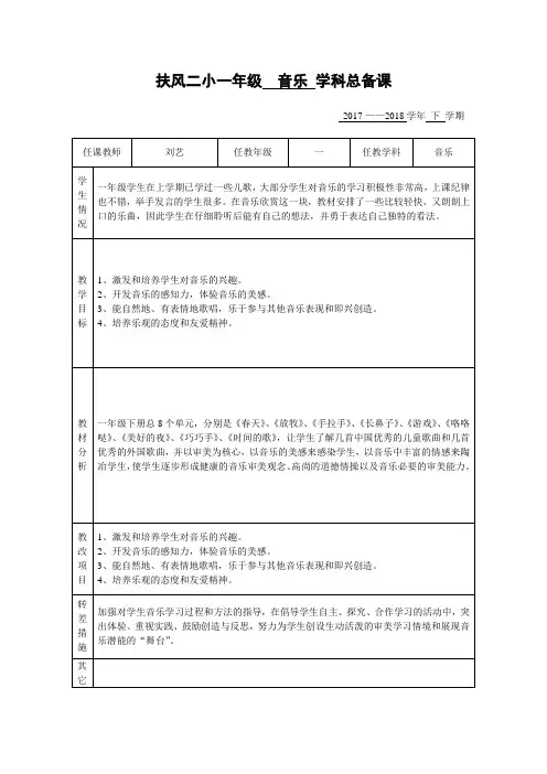 (完整版)人音版一年级下册音乐教学计划