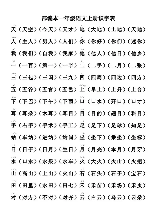 部编本新人教版年人教版一年级语文上册组词版