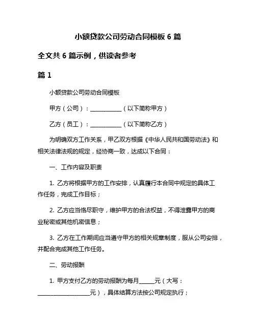 小额贷款公司劳动合同模板6篇