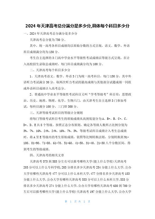 2024年天津高考总分满分是多少分,具体每个科目多少分