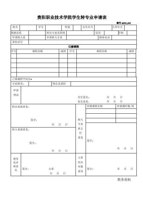 贵阳职业技术学院学生转专业申请表