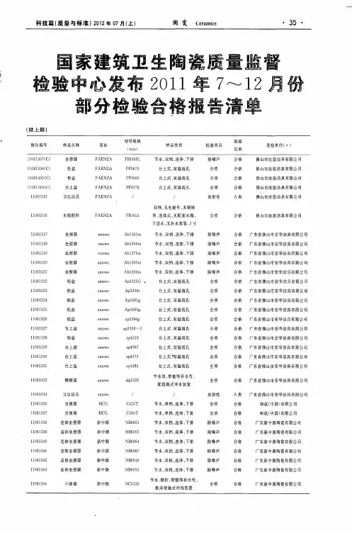 国家建筑卫生陶瓷质量监督检验中心发布2011年7-12月份检验报告清单