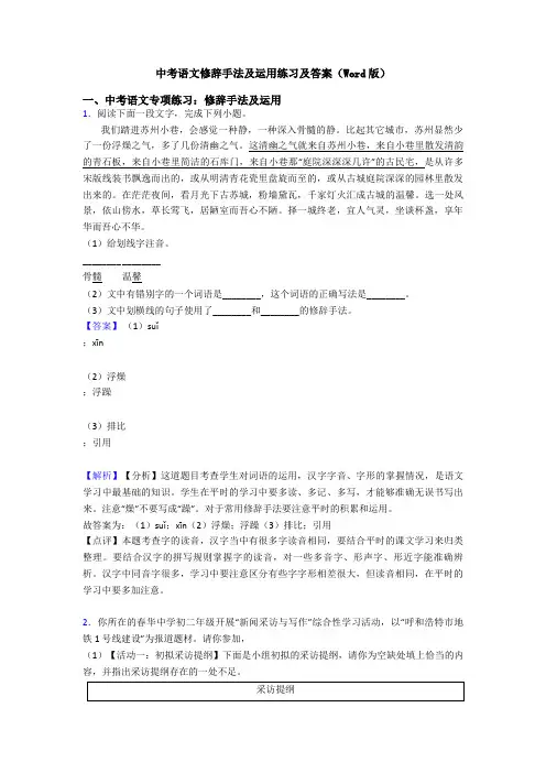 中考语文修辞手法及运用练习及答案(Word版)