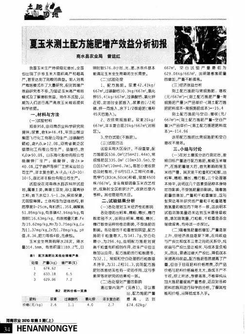 夏玉米测土配方施肥增产效益分析初报