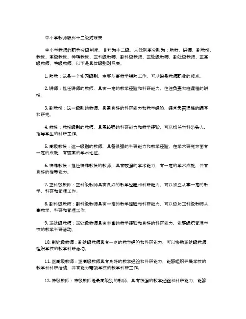 中小学教师职称十二级对照表