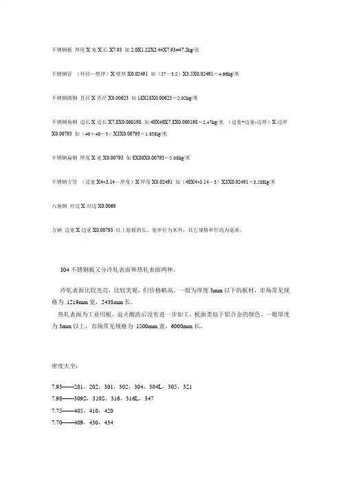 各种钢材的计算公式和板材密度