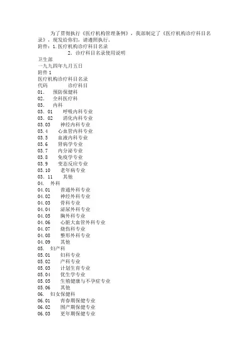 医疗机构诊疗科目名录