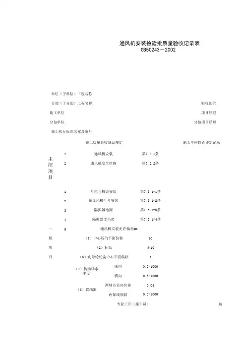 通风机安装检验批质量验收记录表