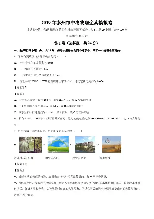 专题10 2019年江苏泰州市中考物理全真模拟试卷(解析版)