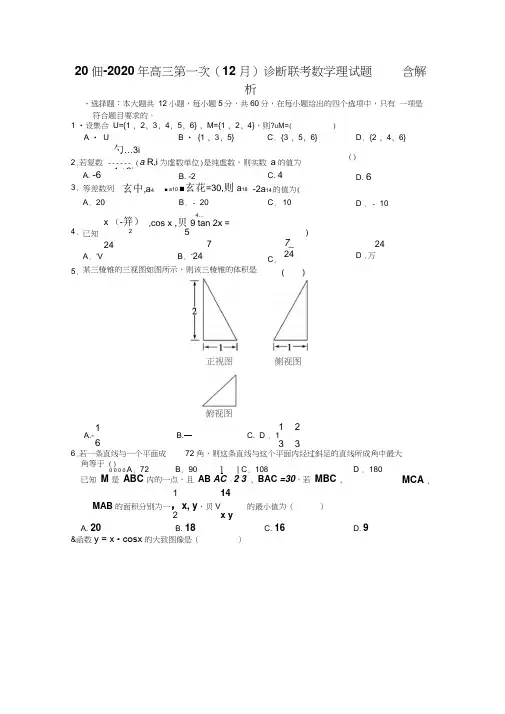 2019-2020年高三第一次(12月)诊断联考数学理试题含解析