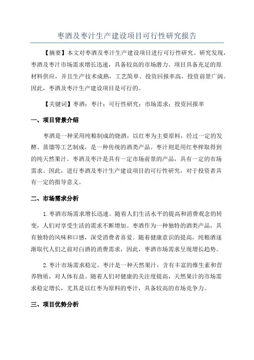 枣酒及枣汁生产建设项目可行性研究报告
