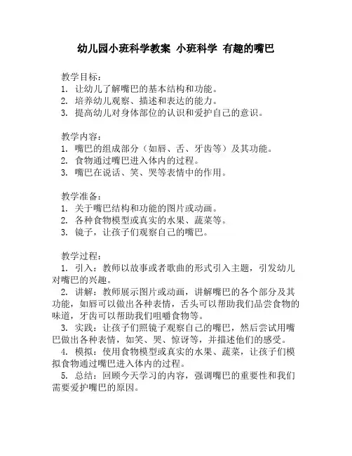 幼儿园小班科学教案 小班科学 有趣的嘴巴