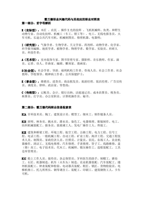霍兰德职业兴趣代码与其相应的职业对照表