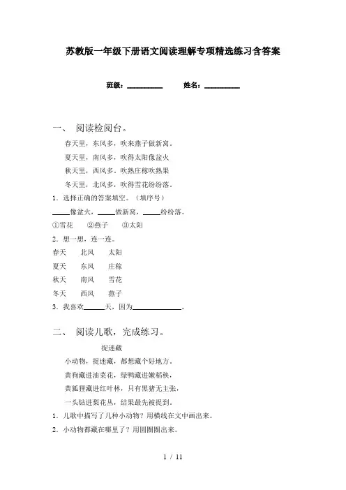 苏教版一年级下册语文阅读理解专项精选练习含答案